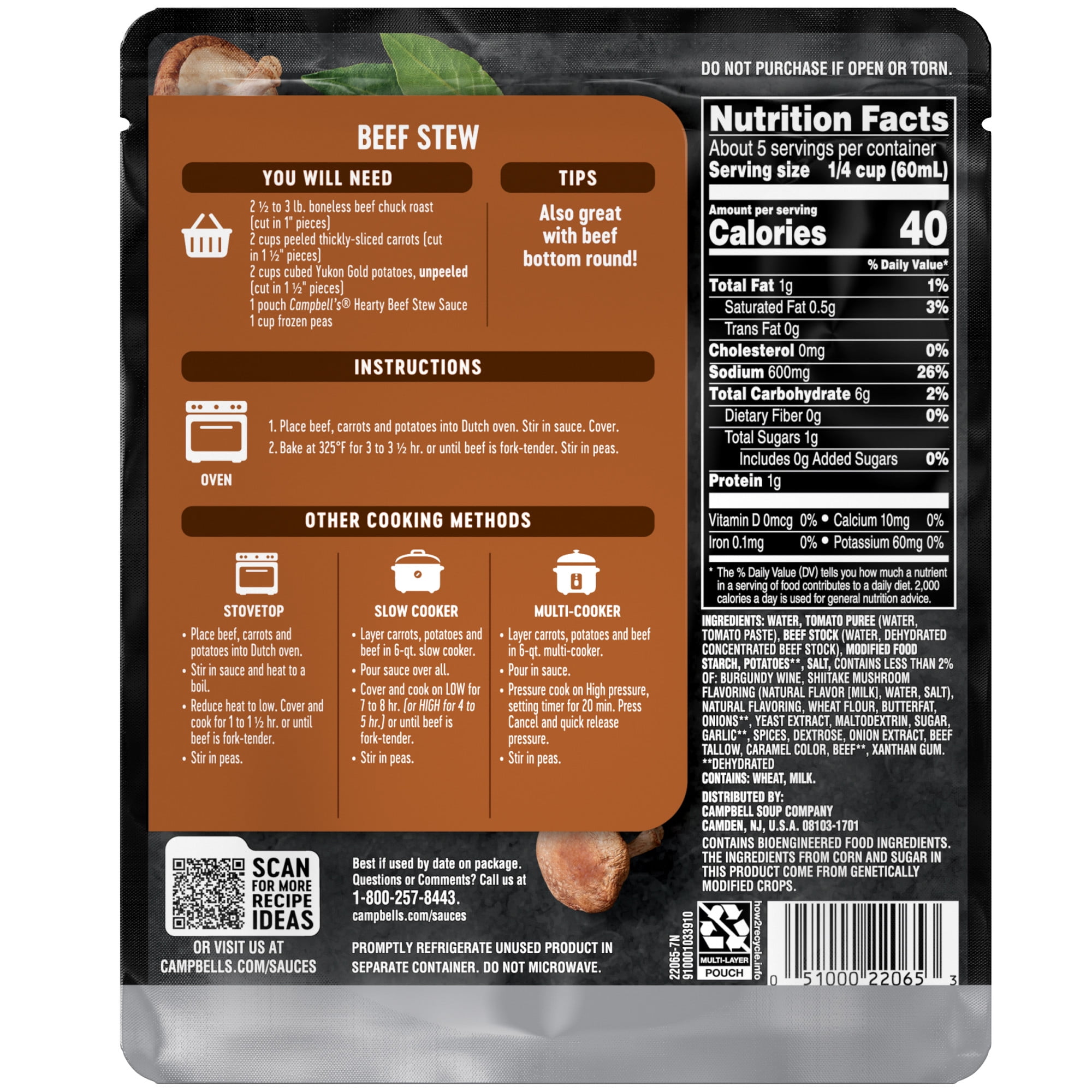 Campbell's Cooking Sauces, Hearty Beef Stew, 12 oz Pouch