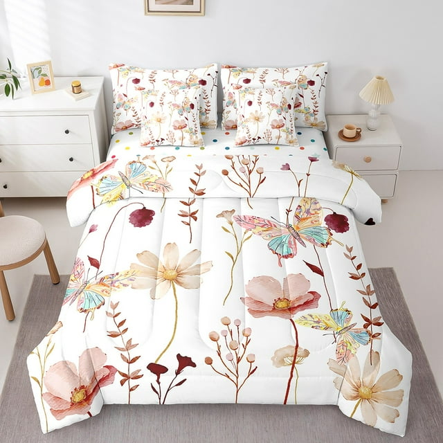 YST Ensemble de Literie Papillons et Fleurs pour Femmes, Lit Simple 7 Pcs, Ensemble Tout-en-un, Ensemble de Couette Fleurs Rouge Beige pour Chambre de Filles, Ados et Adultes, Ensemble de Draps Style Rustique Farmhouse, Branches Pastorales Esthétique Ensemble de Lit