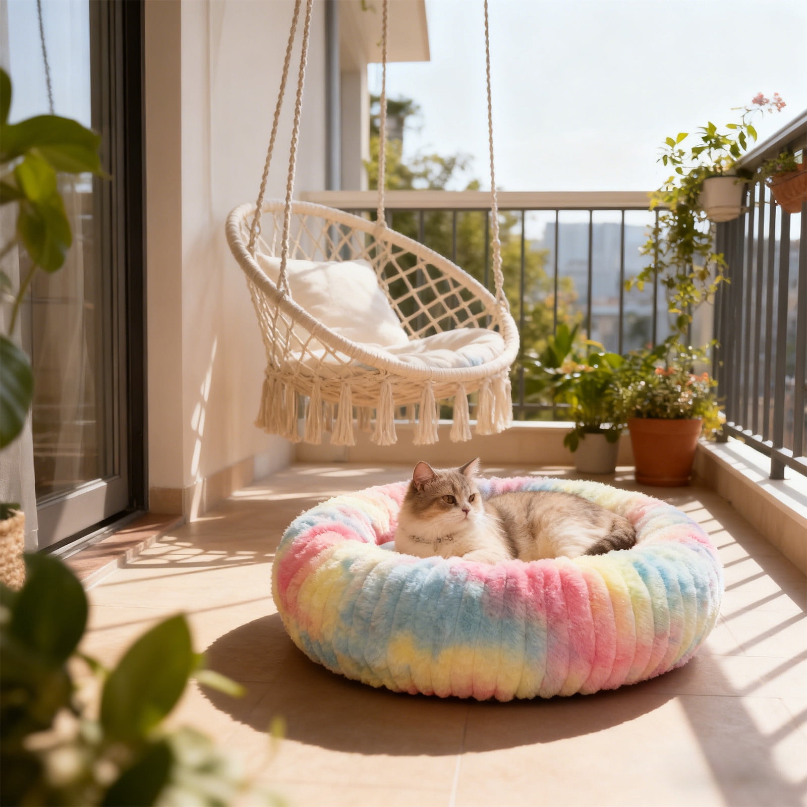Uutvery 60cm Rabbit Plush Pet Bed, Extra Large Warm Cat Bed for Medium Dogs, Enclosed Plush Pet Kennel with Supportive Filling, 23.62x23.62 Inch