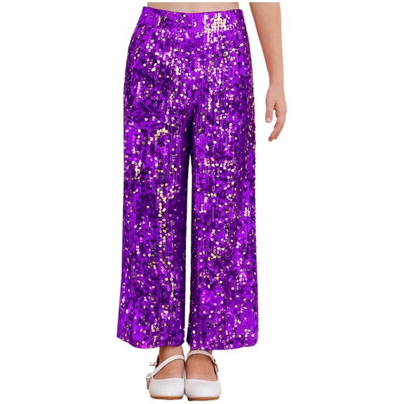 Lejafay Sequin Casual Pants for Girls Kids Elastic Waist Sparkling Trousers Purple 12