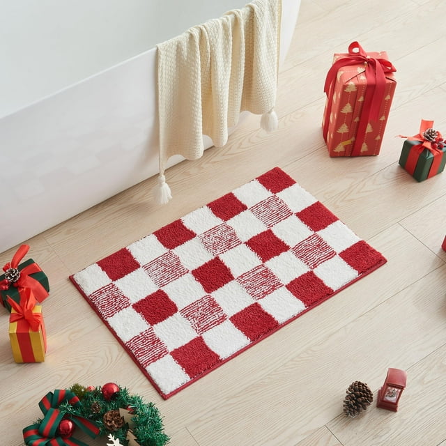 Alfombra de baño CozoCube Christmas a cuadros de microfibra antideslizante