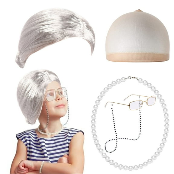 Old Lady Costume Wig - Beige, 100th Day Cosplay Set, Bun Style, Synthetic Fiber, Wig Cap, Pearl Necklace & Glasses, Versatile for Halloween, Christmas, Holiday Party, Adjustable Fit for All Sizes We