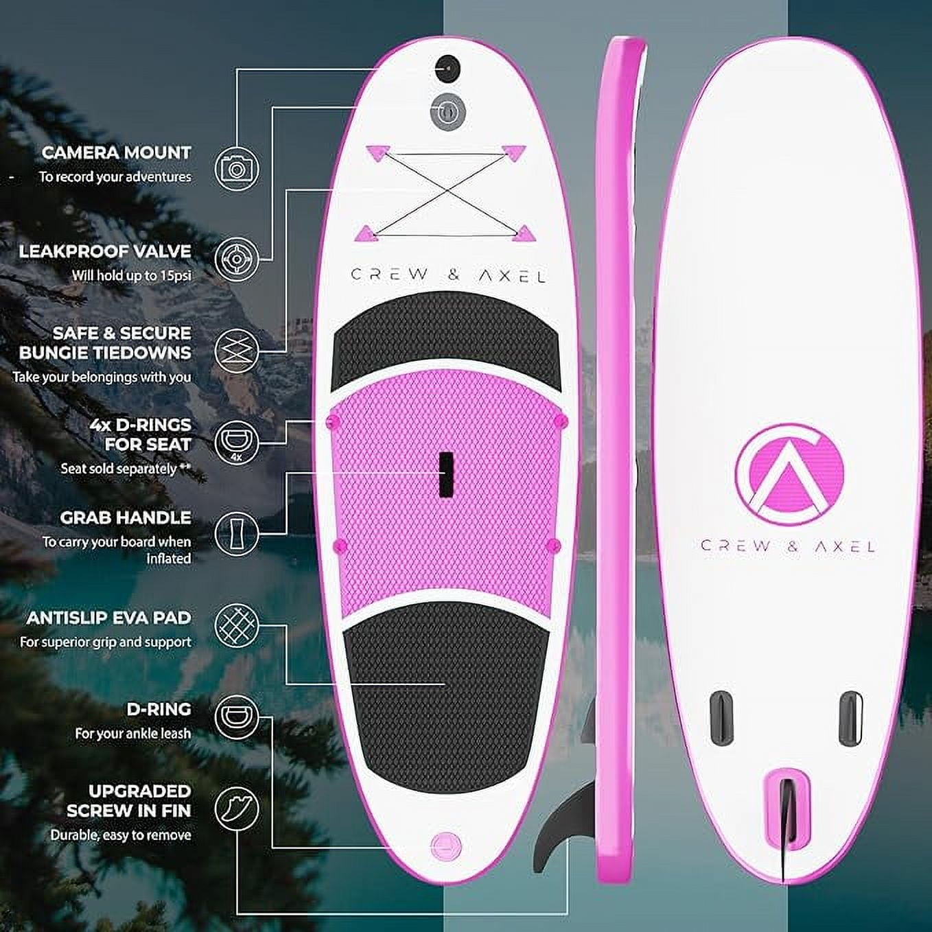Crew Axel Inflatable Paddle Board 10336 Extra Wide & Lightweight (18lb) Paddle Board Premium SUP Set Includes 2 Bags, Floating Paddle, Camera Mount, 3 Fins, Dual Pump Kit