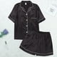 thumbnail image 5 of Conjunto de Pijama de verano para mujer, ropa de dormir rosa con cuello vuelto de seda sintética satinada azul, Pijama informal de manga corta para mujer, pantalones cortos para el hogar M, 5 of 5