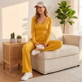 thumbnail image 7 of Women's Matching Set V-Neck Pleated Long Sleeve Lounge Sets for Women Tops and Wide Leg Pants 09 L, 7 of 7