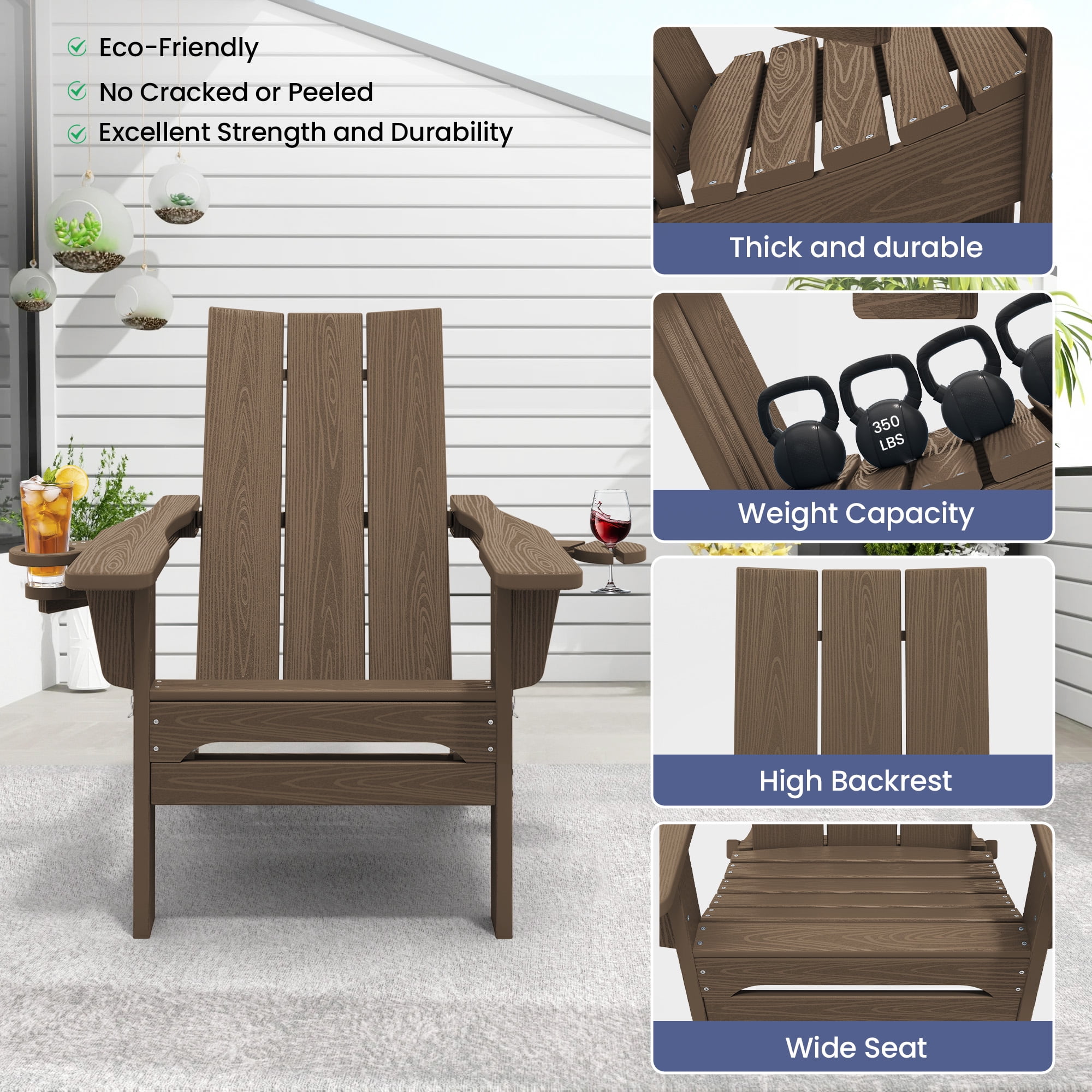SERWALL Folding Adirondack Chair with 2 Cup Holders & Phone Slot, All-Weather Outdoor HDPE Patio Chair, Foldable Lawn Deck Chair, Brown