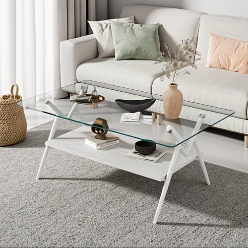 Rectangle Coffee Table with Tempered Glass top and White Metal Legs, Modern Table for Living Room , Transparent Glass