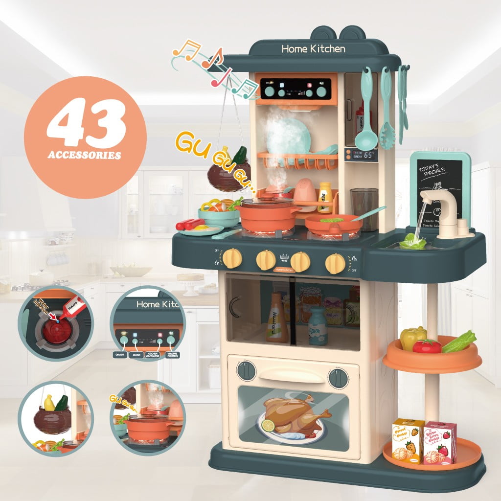 Kids Kitchen Playset Role Pretend Play Cooking Toy With Water Boiling Sounds 