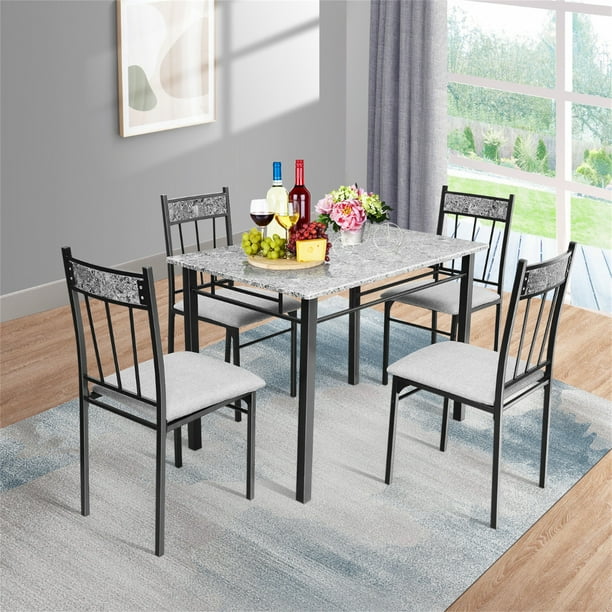 Costway Juego de Mesa de Comedor de 5 Piezas con Sillas Tapizadas con Encimera de Mármol Maco de Metal Ahorra Espacio Juego de Mubles Moderno