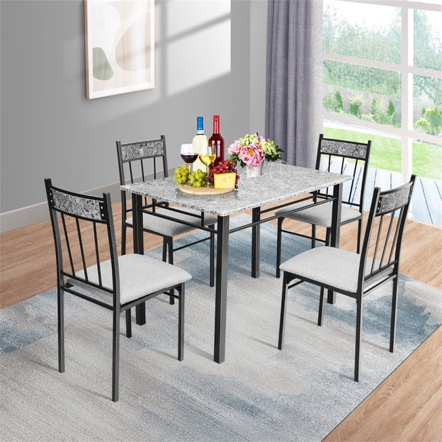 Costway Juego de Mesa de Comedor de 5 Piezas con Sillas Tapizadas con Encimera de Mármol Maco de Metal Ahorra Espacio Juego de Mubles Moderno