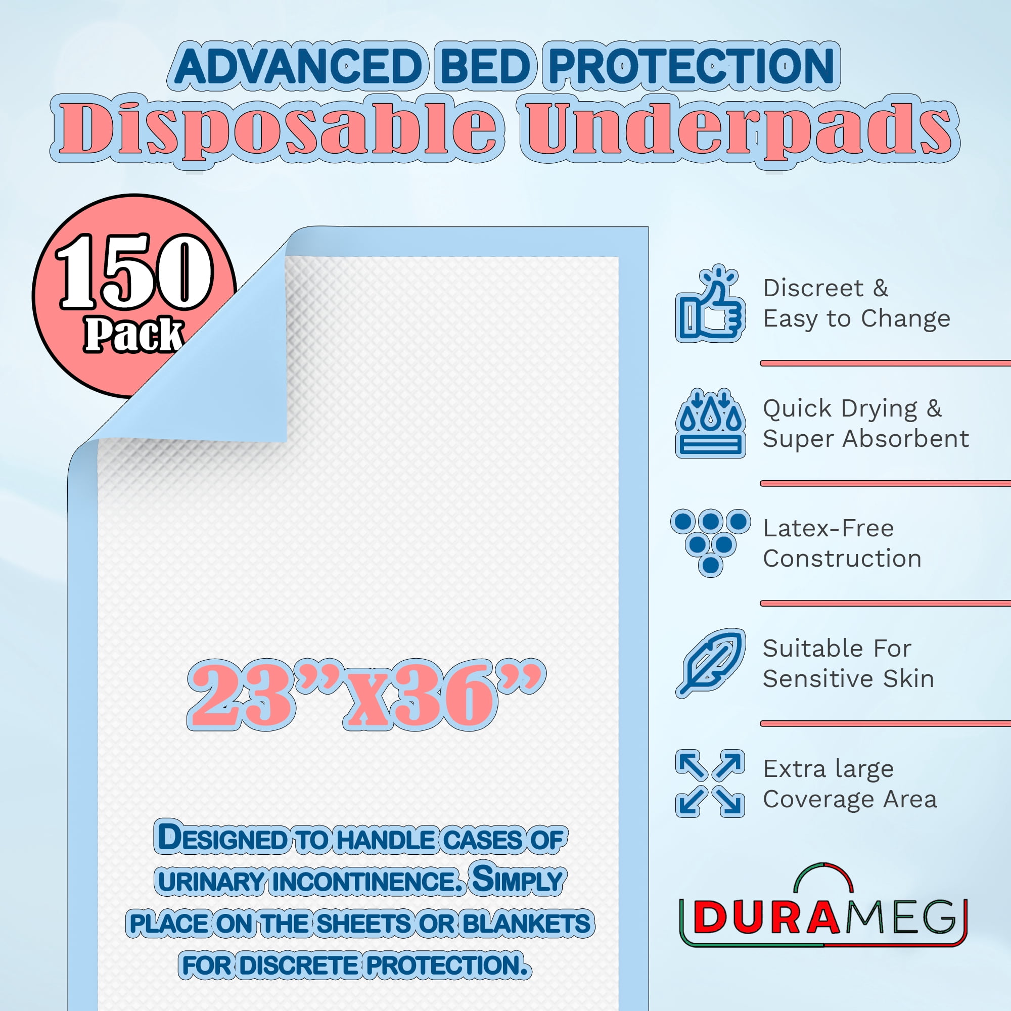 Disposable Underpads 23”x36” [150-Pads] Moderate Absorbency Chux Incontinence Bed Pads, Quilted Fluff, Large (Packed 3 x 50 Per Case)
