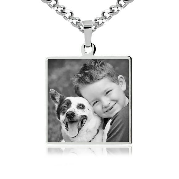 Photos Engraved - Custom Photo Engraved Large Square Pendant in Stainless Steel - Free reverse side engraving - 18 in chain included - W-LSST