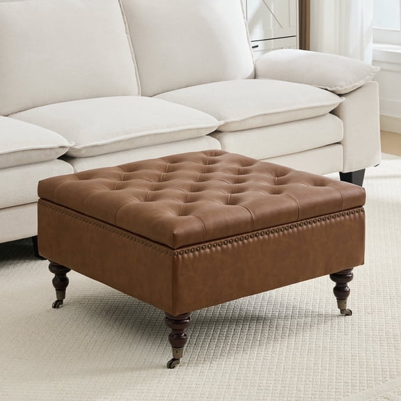 BRILHAMEZ Storage Ottoman Bench, Tufted Upholstered Seat with Hidden Storage, Multi-Functional Coffee Table and Foot Rest for Living Room, Brown