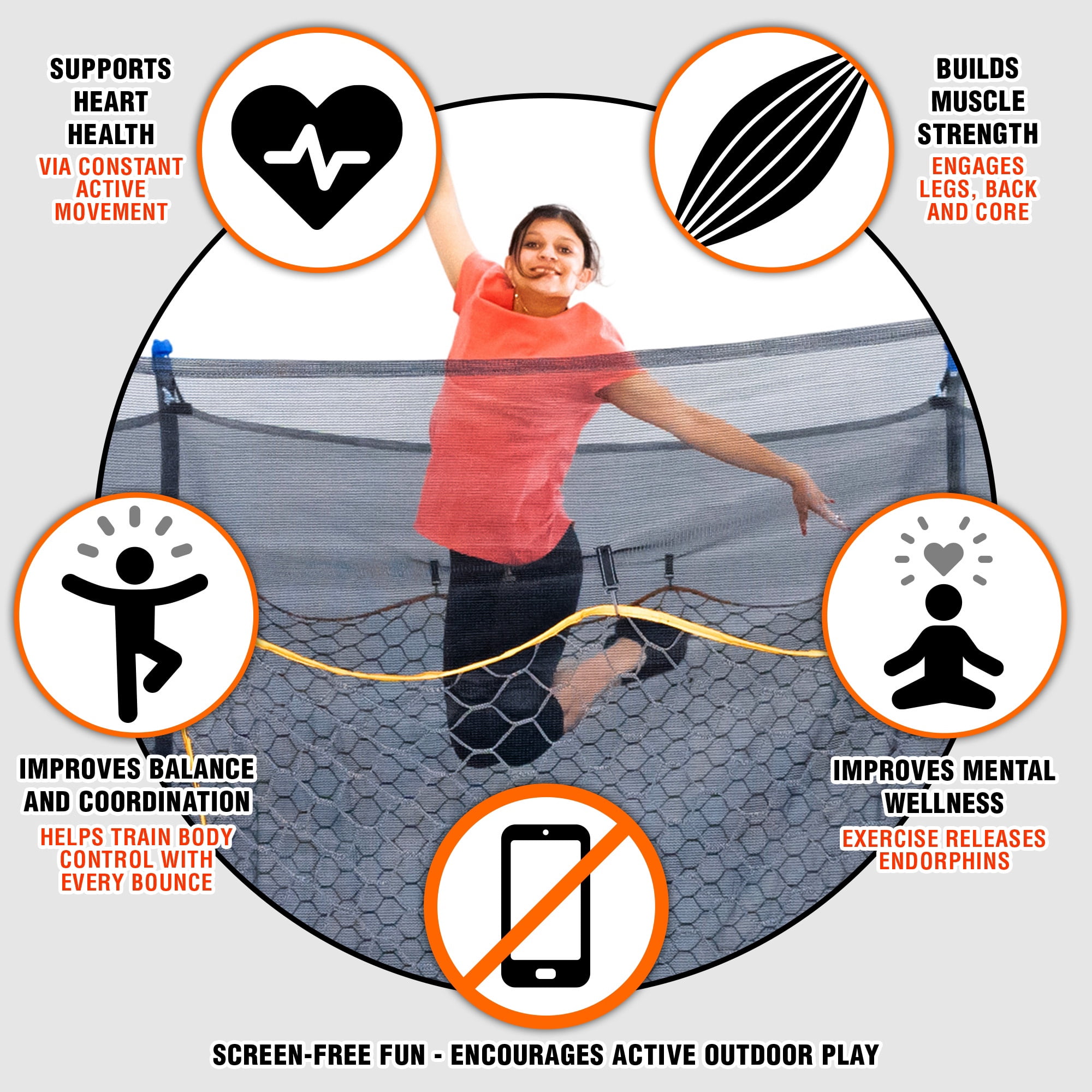 Bounce Pro 14ft Kinertial Trampoline Set with Double-Net Enclosure, Curved Poles, 360° Undermat Net & Ladder