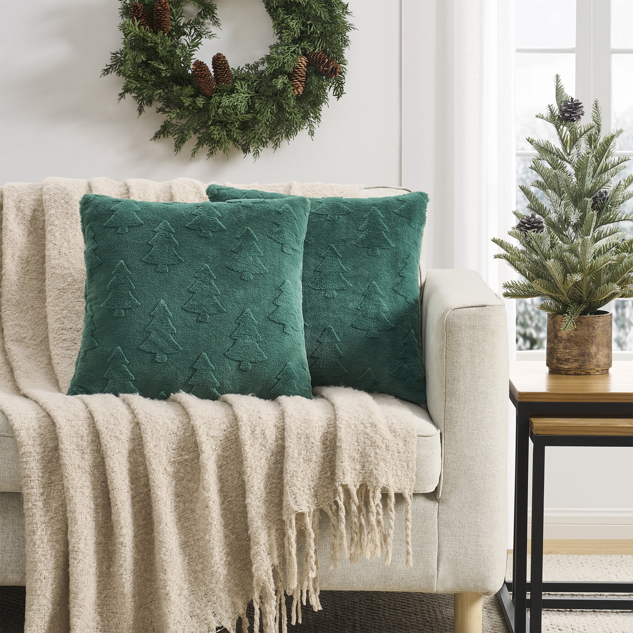 Mainstays 18" x 18" Green Faux Fur Trees Decorative Pillows (2 Count)
