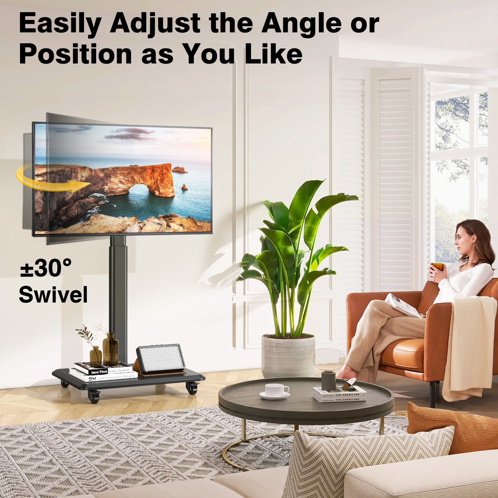 RTVR Rolling TV Stand for 32 to 70 Inch TVs,9 Levels of Height & ±30° Swivel Adjustable Mobile TV Stand for Bedroom, Corner, Small Dorm, Modern Portable Corner TV Stand with Upgraded Wheels,Black