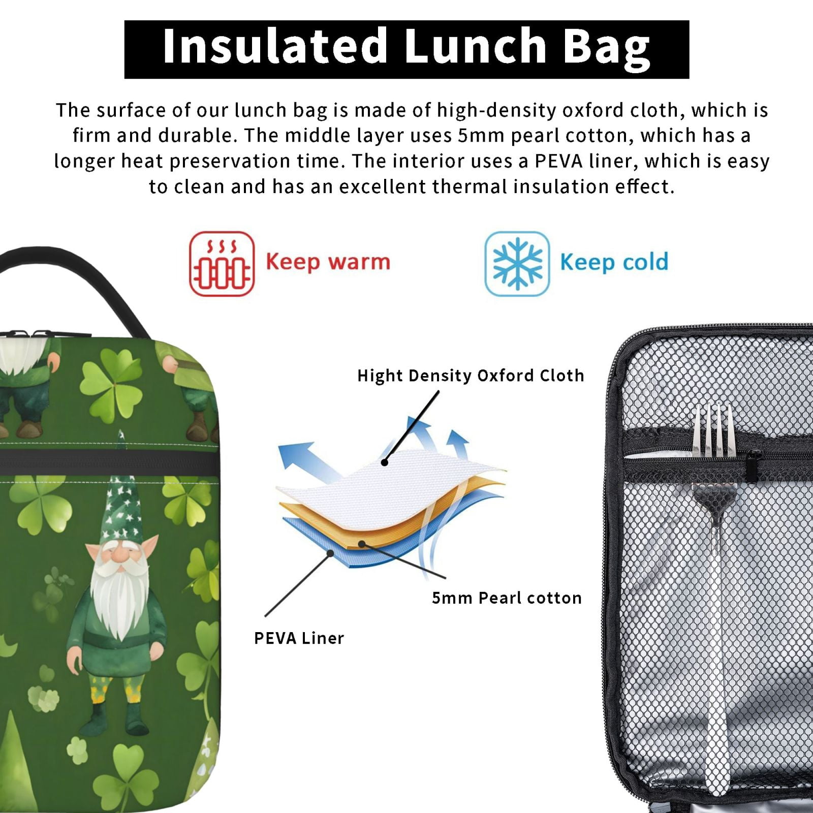Lunch Bag For Women Men Insulated Portable Lunch Box Bento Box Office Picnic Travel Cooler Bag Saint Patrick'S Day Gnome