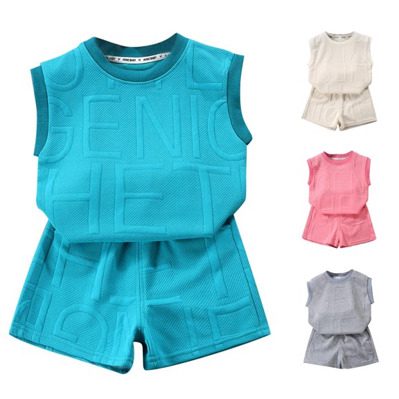 HCYSFG Boys Solid Color Athletic Outfit Sets 2 Piece Embossed Letter Design Tank Top And Shorts Crewneck Sleeveless Activewear Sets Elastic Waist Sports Sets
