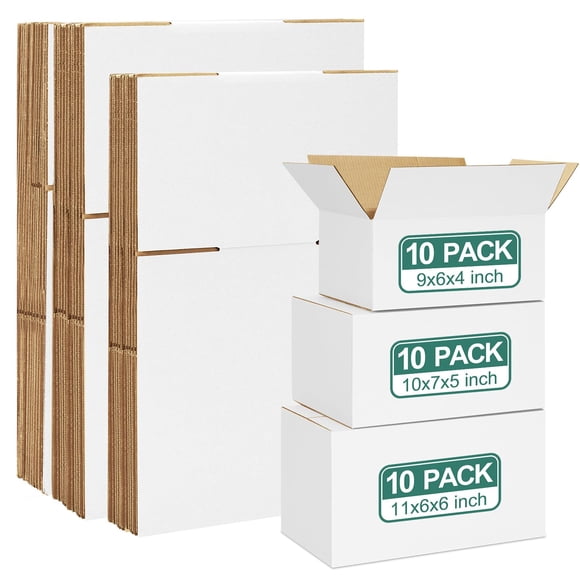 Eupako 30 Pack Small Shipping Boxes Assorted Sizes, White Corrugated Box Mailers, 9x6x4 & 10x7x5 & 11x6x6 10 PCS Each Small Boxes, Cardboard Boxes fo