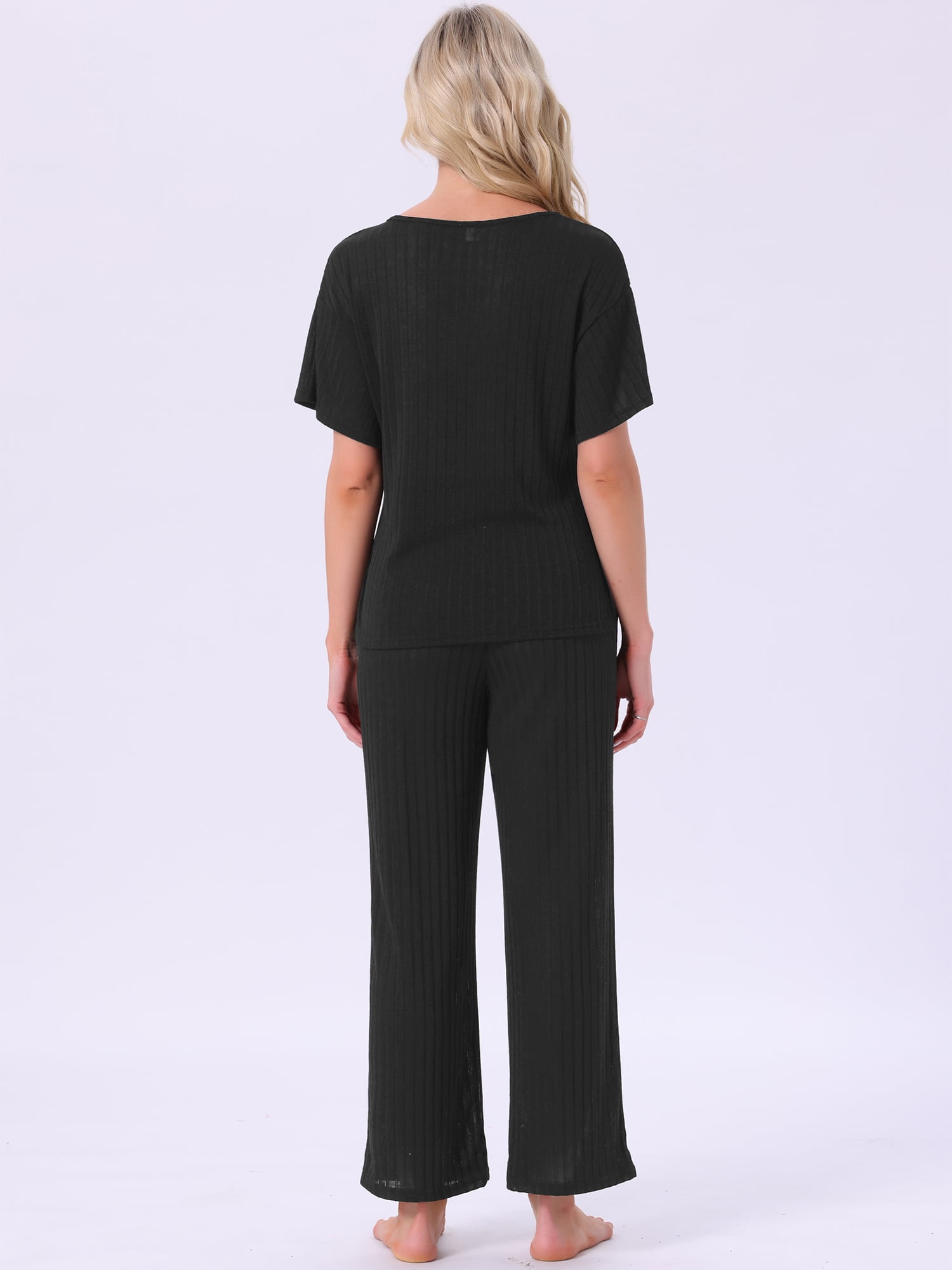 DARING DIVA Pajama Set Ribbed Knit Top Drawstring Pants 2 Pieces Outfit S Black