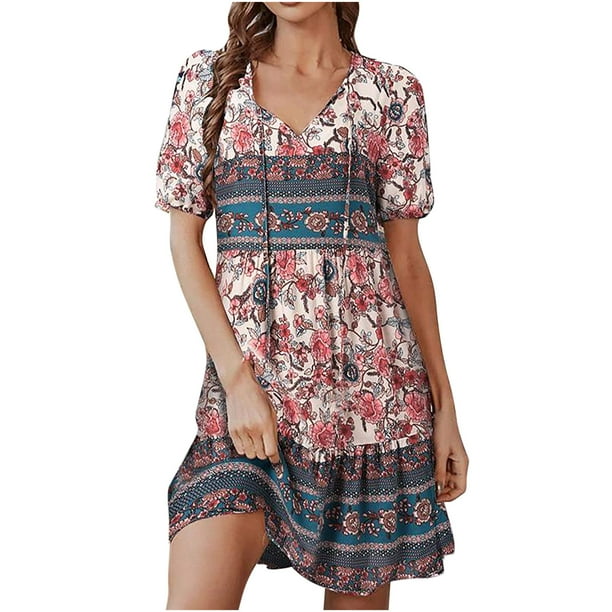 Vestidos de encaje con estampado floral de manga corta de verano para mujer Fridja yut6642