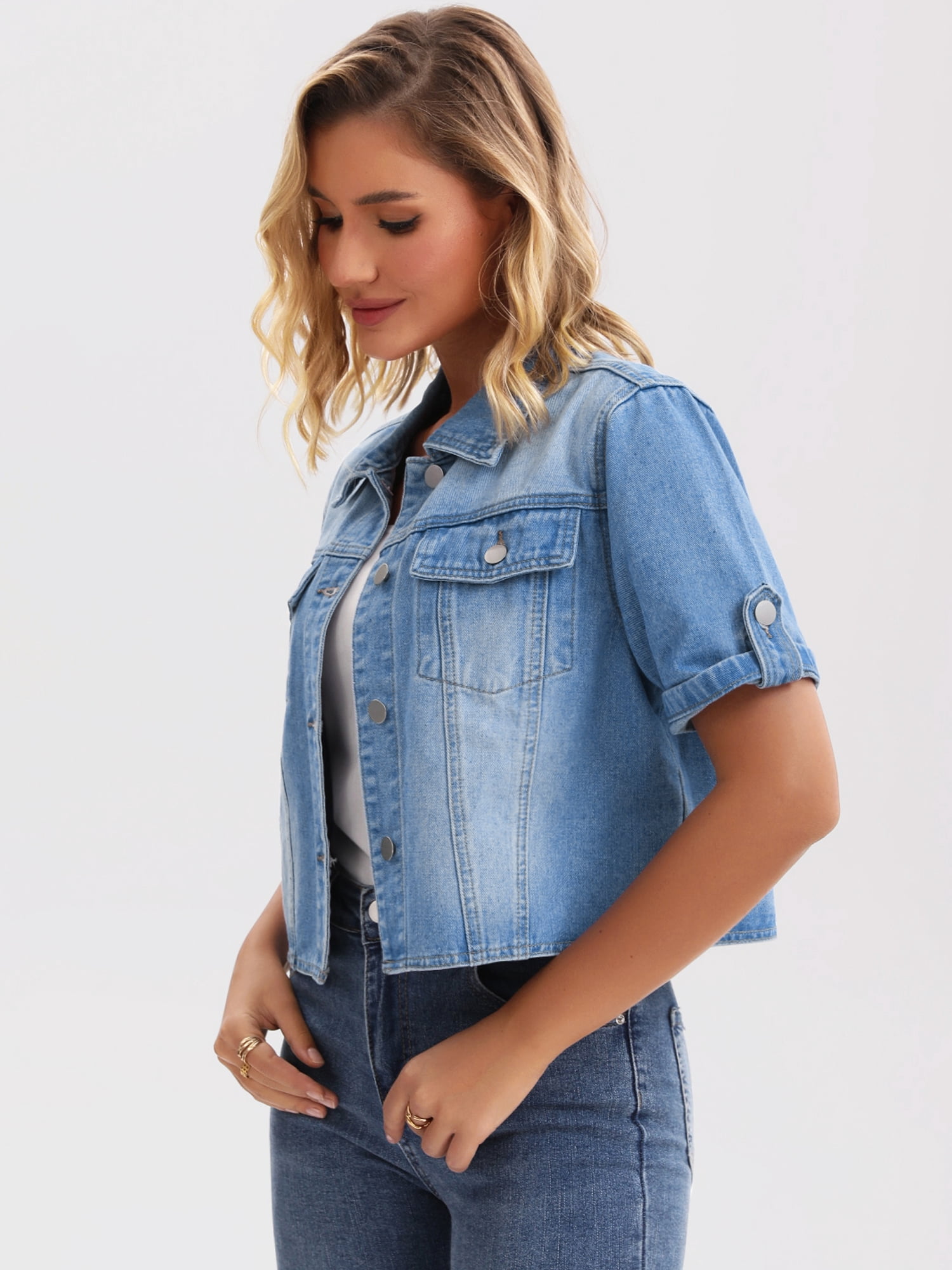 DARING DIVA Women's Short Sleeve Denim Collared Button Up Cropped Jean Jacket 2XL Blue