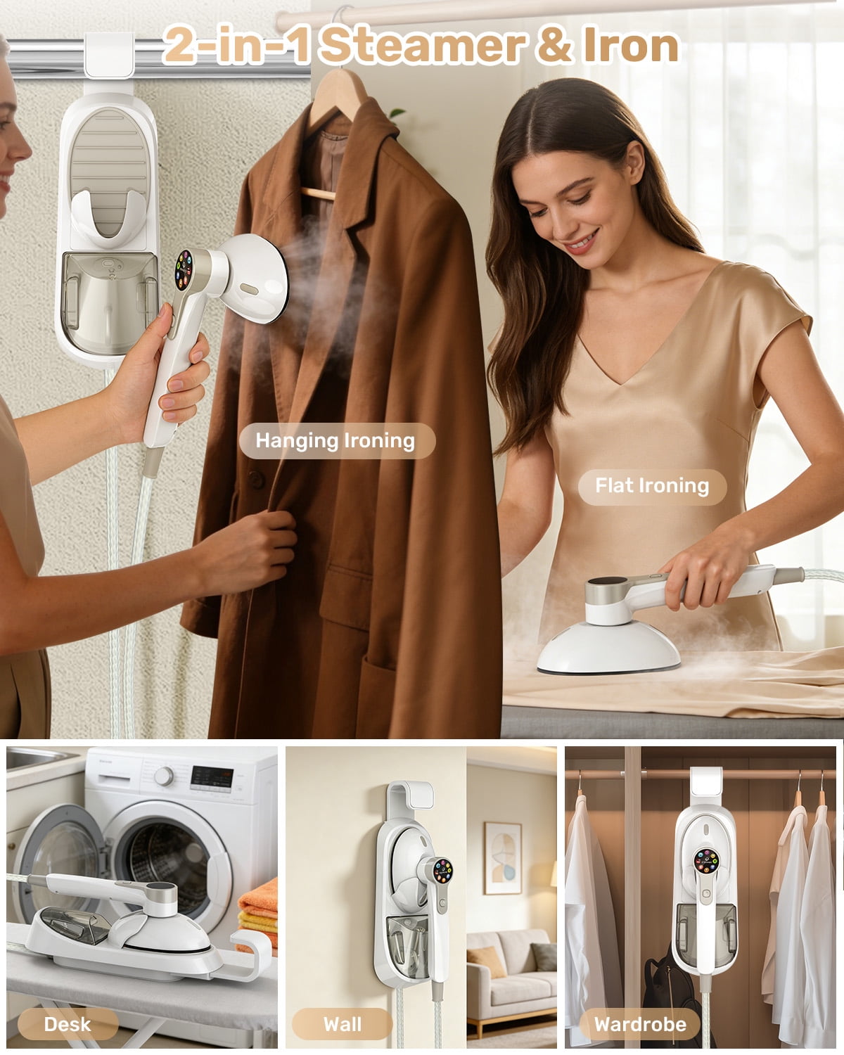 2-In-1 Portable Steam Iron with Hanging Hook, 9 Levels, 30s Quick Heating, 400ml Detachable Water Tank, Dual Protection, 1450W Handheld Garment Iron for Home and Travel
