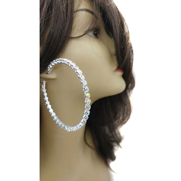 Large Crystal Hoop Earrings 3.5 inch Color Rhinestone Silver Hoops