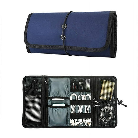 Electronic Organizer Cord Pouch, Travel Cable Charger Phone Accessories Bag Organizer Roll up Tech Carrying Case for USB Cables SD Memory Cards Earphone Flash Hard Drive –Navy