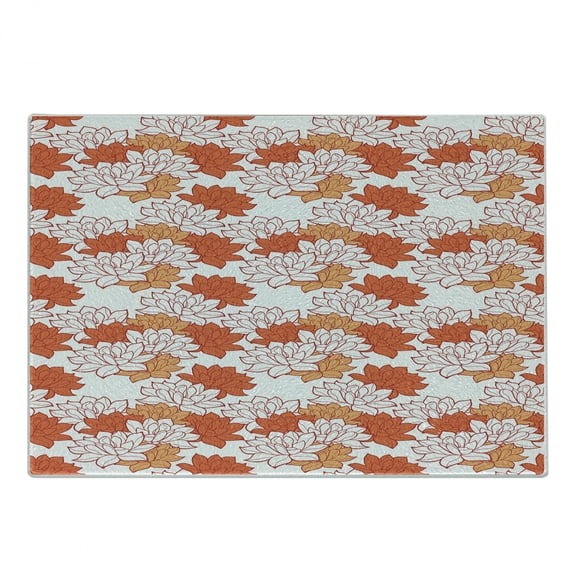 Orange Cutting Board, Blossoming Hand Drawn Lotus Leaves Garden Flowers Botanical Nature Theme, Decorative Tempered Glass Cutting and Serving Board, Small Size, Orange Ruby Salmon, by Ambesonne