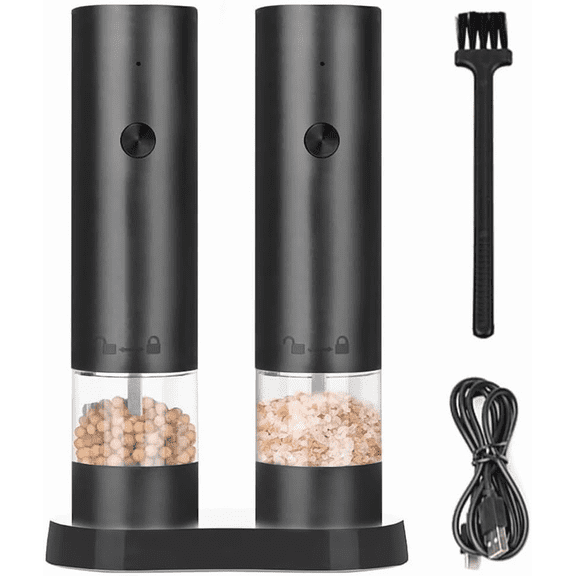 Rechargeable Electric Salt and Pepper Grinder Set, Automatic Pepper Mill with Adjustable Coarseness & One-Hand Operation, Large Capacity Battery-Powered Shakers for Cooking, Kitchen, Gifts (2, Black)
