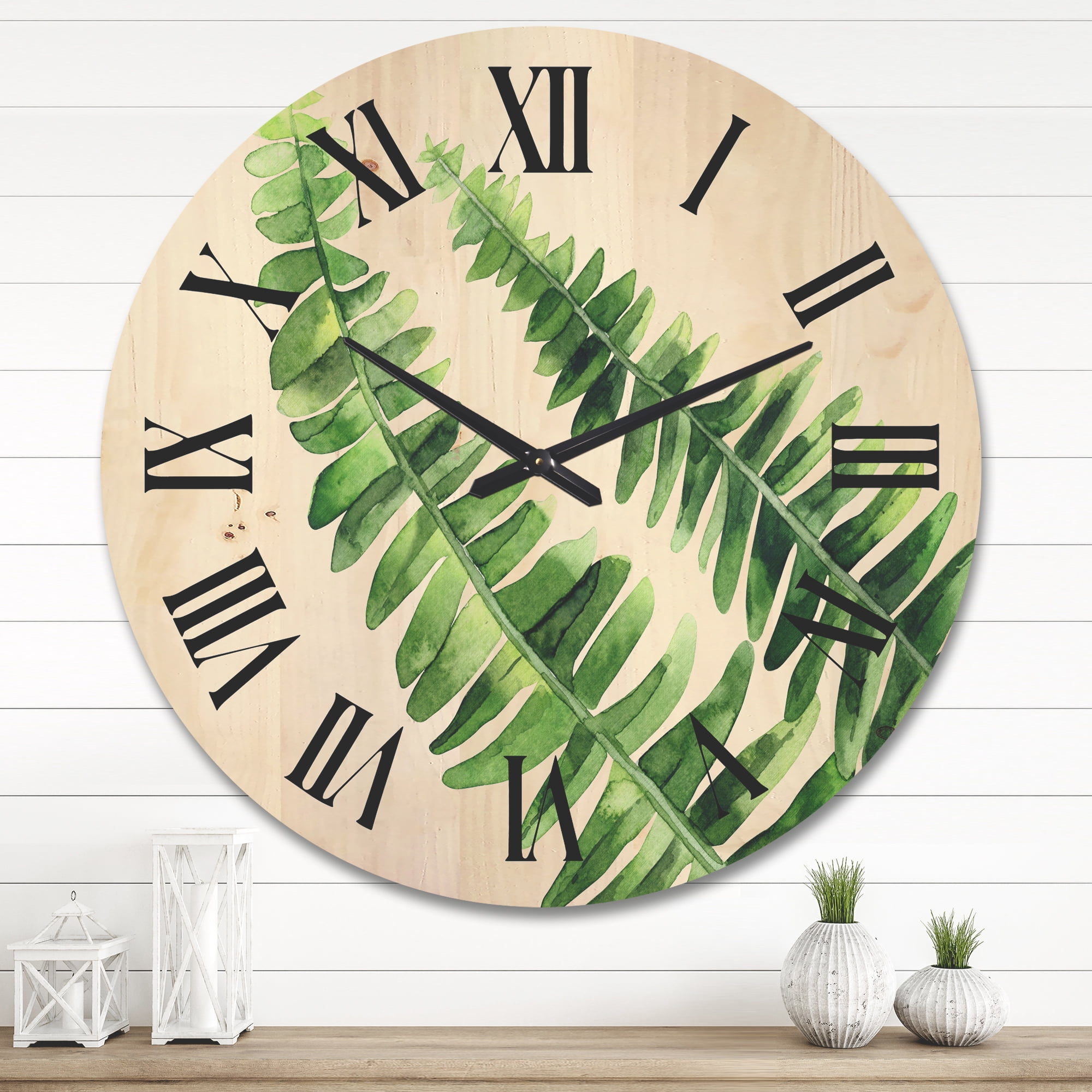Designart 'Fern Plant Leaves Detail I' Farmhouse Wood Wall Clock