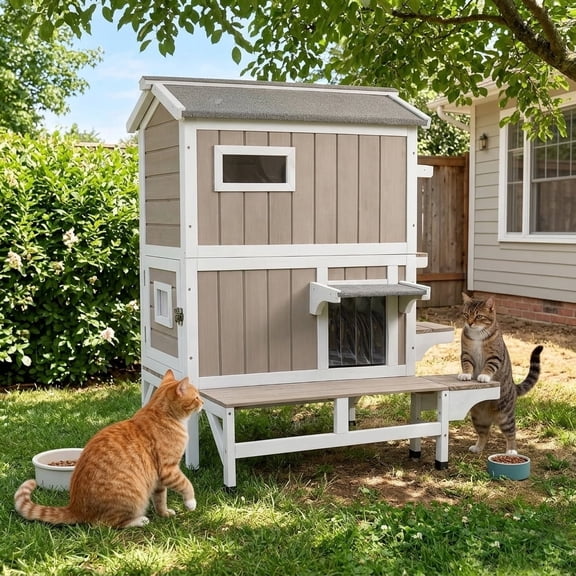 Petsblublu Insulated Outdoor Wooden Two Story Cat House Weatherproof Cats Shelter with 3 Jumping Platforms, Grey