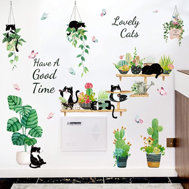 Pegatinas de pared de animales, dibujos animados de gatos, plantas tropicales, pegatinas de pared decorativas para sala de estar, dormitorio, guardería, habitación de los niños, murales de plantas autoadhesivos Rojo Verde