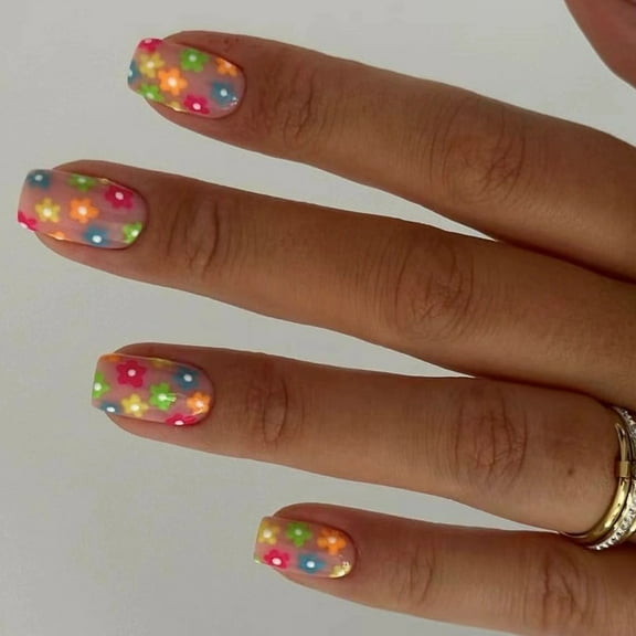 Square Press On Nails Flower Fake Nails Glues On Nails Artificial Acrylic Nails 12 Size 24pcs On Nails for Womens