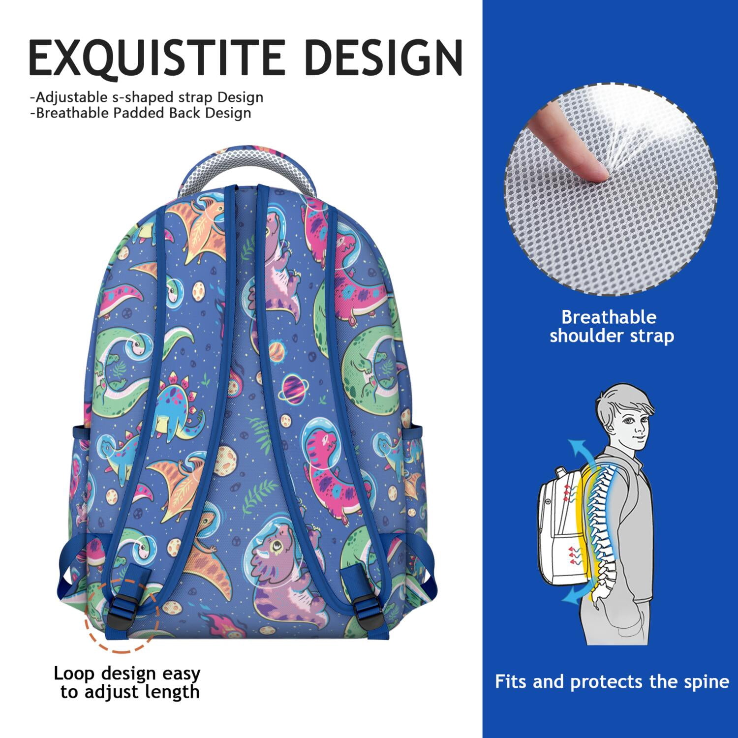 World Travel Themed Waterproof Backpack - Bright & Bold Dinosaur Print School Bag with Multiple Pockets