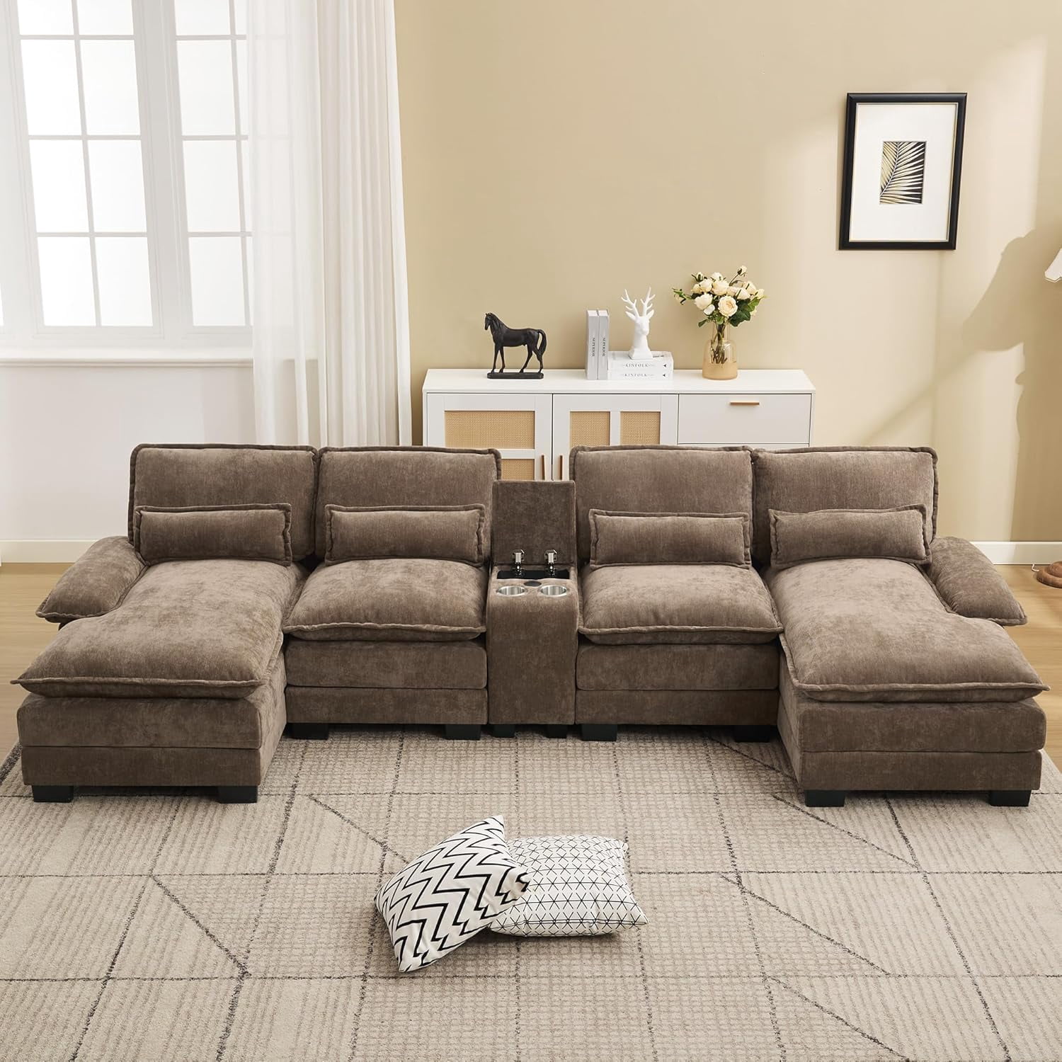 HASLE U Shaped Modular Sectional Sofa with Chaise Lounges, Chenille Upholstered Comfy Couch with Storage Console, USB Charging Ports & Cup Holders, Modern Deep Seat Sofa for Living Room, Brown