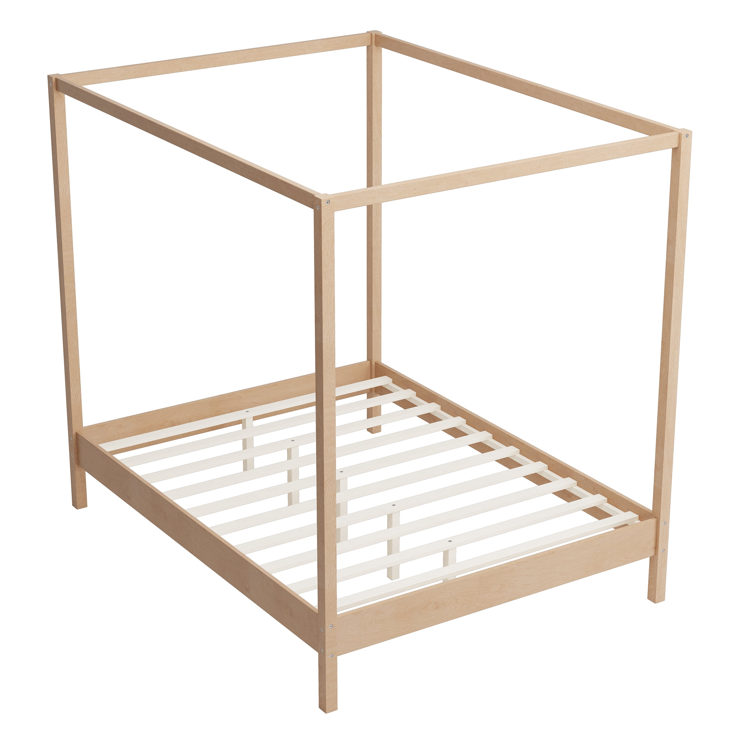 Euroco Queen Size Canopy Bed, Wood Platform Bed with Four Poster, Natural