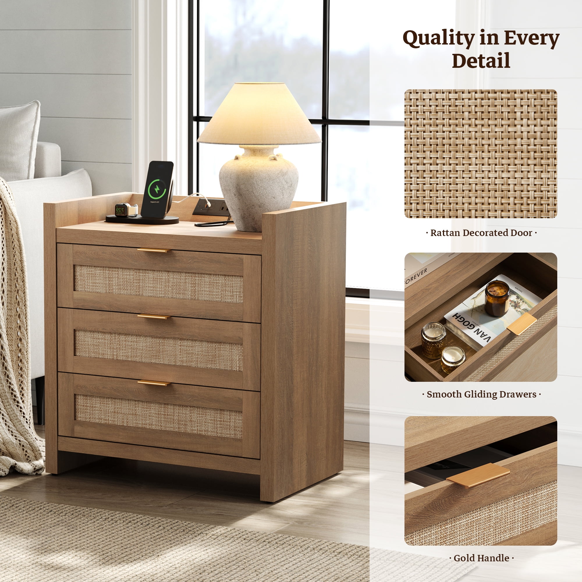 SICOTAS 26.57"H Tall Boho Nightstands Set of 2 with 3 Drawers, Rattan Nightstands with Charging Station and Type-c Ports Rattan End Table Beside Table for Bedroom Enrtyway Living Room, Natural Oak