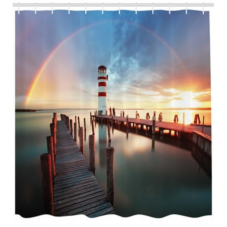 Lighthouse Shower Curtain Sunset At Seaside Wooden Docks