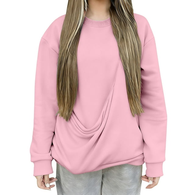 Duoif Chandails d'Automne pour Femmes, Haut de Mode pour Femmes - Chandail Décontracté à Col Rond avec Poche Chandail pour Femmes Rose P