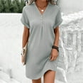 thumbnail image 2 of Wuxian Women's Shirt Dress V Neck Short Sleeve Loose Casual Roll Up Sleeve Knit Mini Dresses With Front Button, 2 of 5