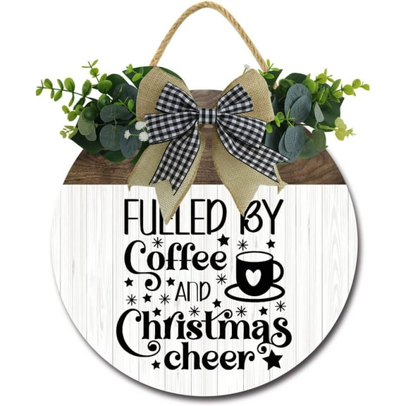 Eveokoki 12" Fueled By Coffee And Christmas Cheers Coffee Bar Decor Sign Rustic Farmhouse Wooden Round Retro Coffee Bar Decor Coffee Lover Coffee Station Decor Home Office Kitchen Wall Decor