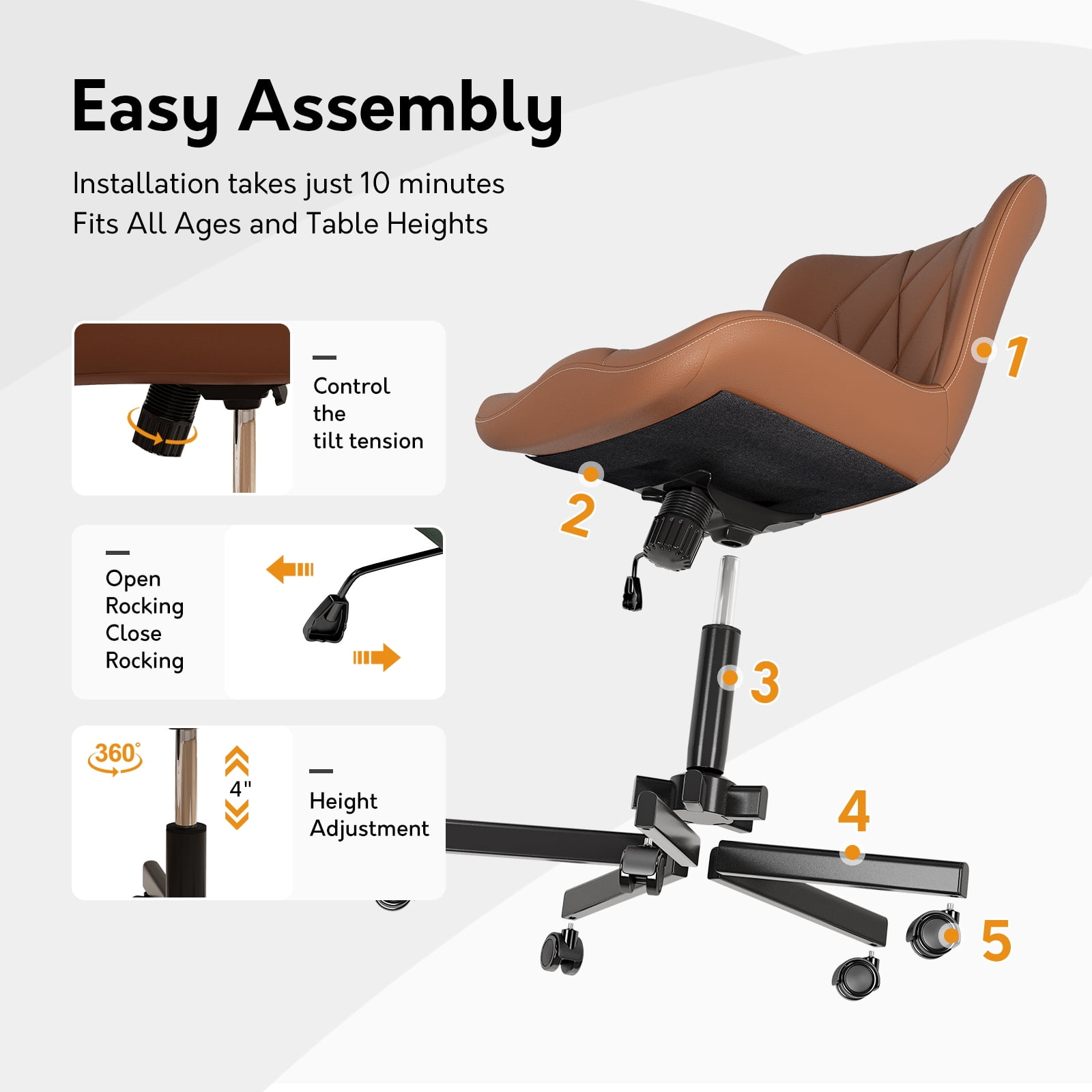 Ninecer Adjustable Armless Office Chair, Leather Desk Chair with Wheels, Office Chair for Home Office, Computer Rolling Chair for Adults, Comfy Task Chair, Brown