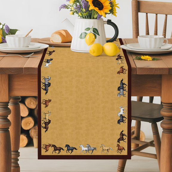 Kitchen Table Runner 36 Inches Long, Traditional Horses Border Cotton Linen Table Runners for Dining Tables Home Holiday Party Wedding, Yellow Background Tabletop Scarf