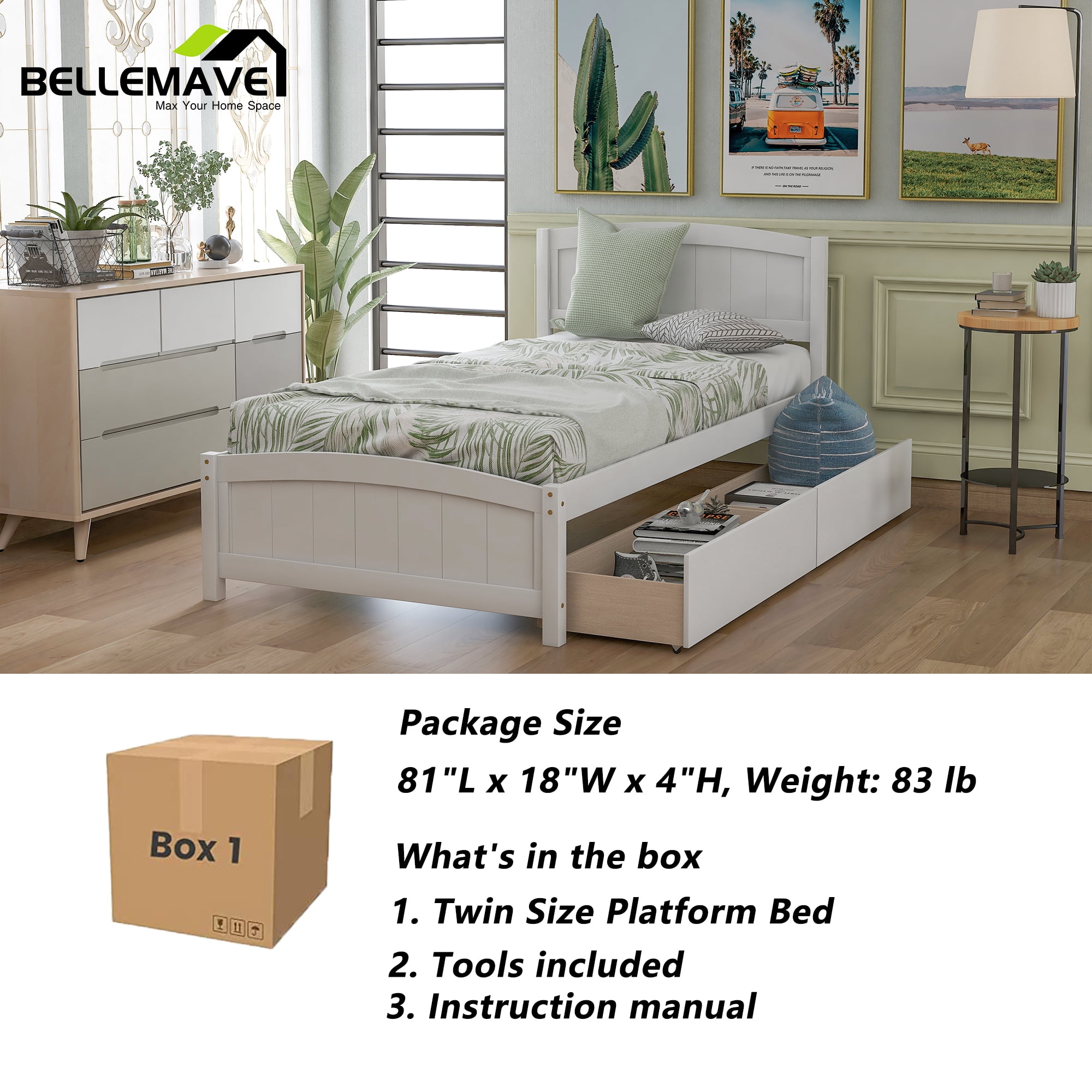 Bellemave Twin Platform Bed with Storage Drawer, White