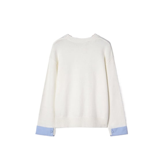 Women's White Plaid Heart Embroidered Crew Neck Sweater for Daily Wear | XL