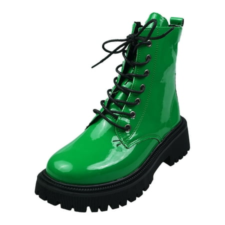 

Ediodpoh Ladies Leather Round Toe High Heel Solid Color Glossy Strap Mid Size Boots Ankle Boots Short Boots Woman Shoes Green 8.5