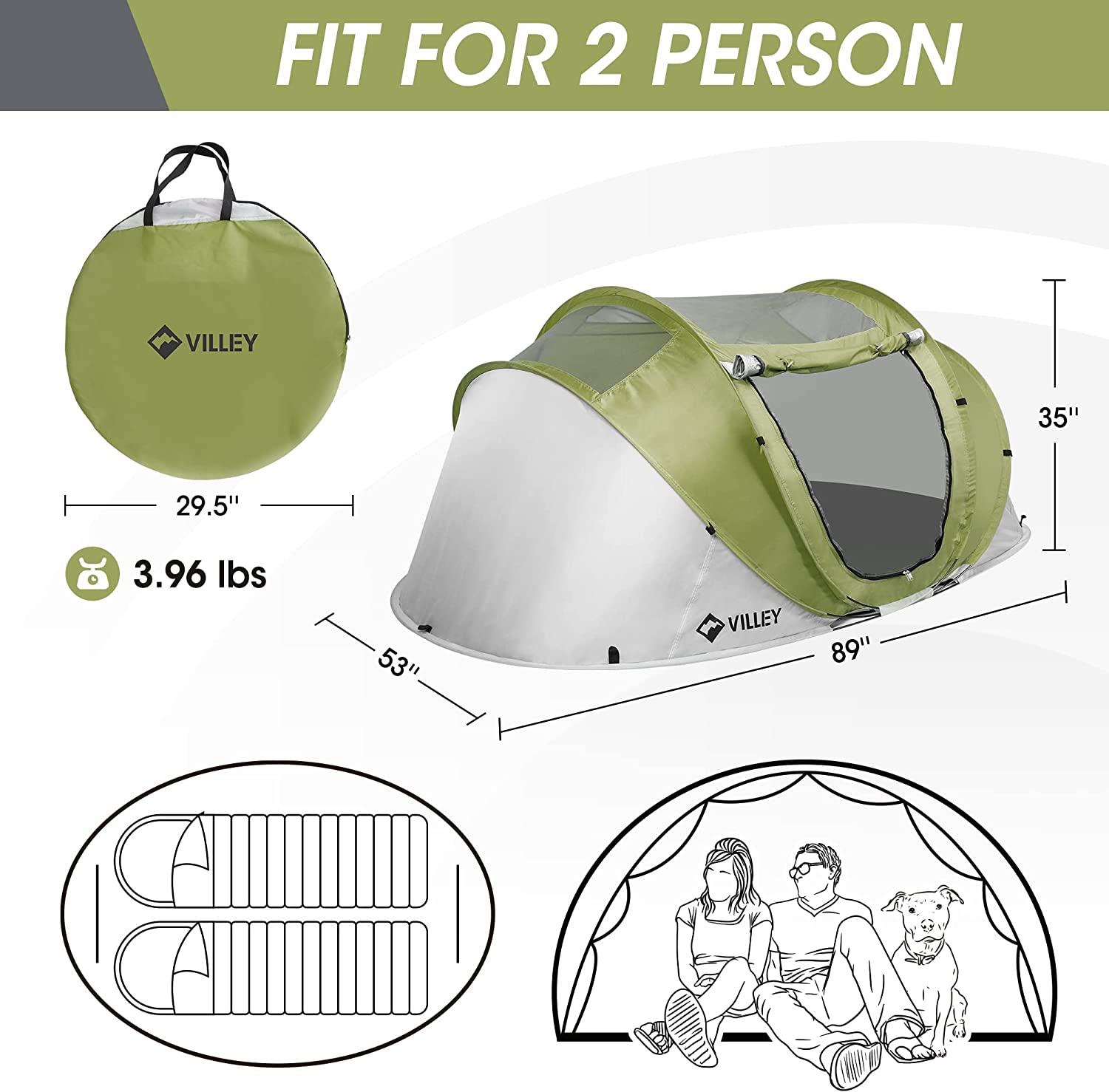 Carpa VILLEY para 2 personas de apertura rápida, impermeable, armado automático, ligera e instantánea para acampar, con bolsa de transporte para campamento, senderismo y viajes 2