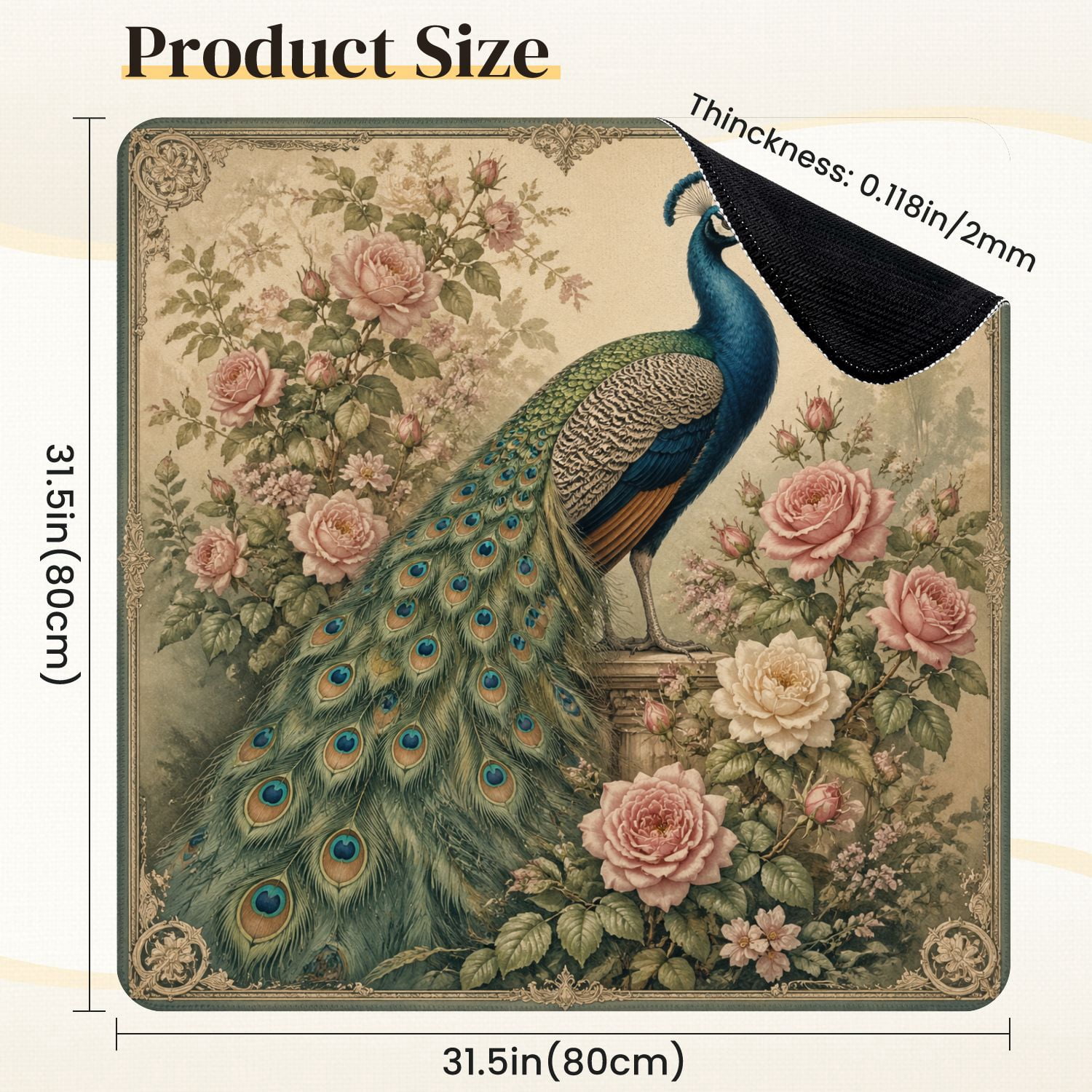 Mahjong Mat 31.5" x 31.5" Elegant Peacock Pink White Roses Vintage Non-Slip Noise Reduction Mahjong Tiles Table Cover for Dominoes Poker Card Board and Tile Games